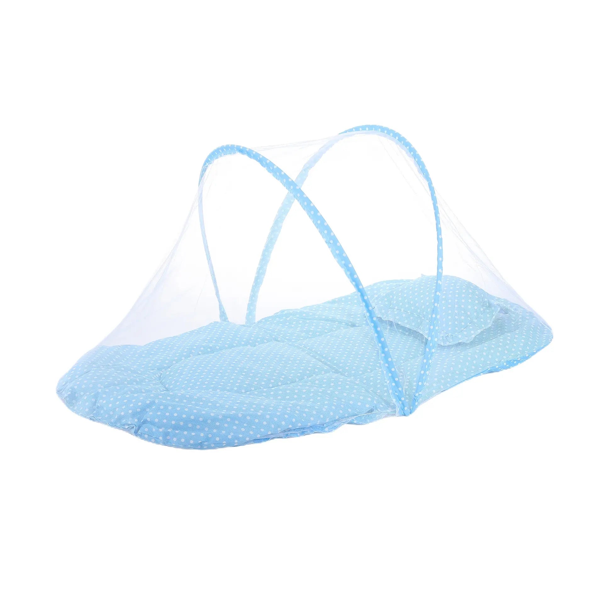 Blue Polka Dots Portable 3-in-1 Mosquito Net Set with Soft Sleep Pad & Pillow - Foldable Pop-Up Travel Bassinet for Infants, Breathable Shield for Indoor & Outdoor Use Wholesale Hub