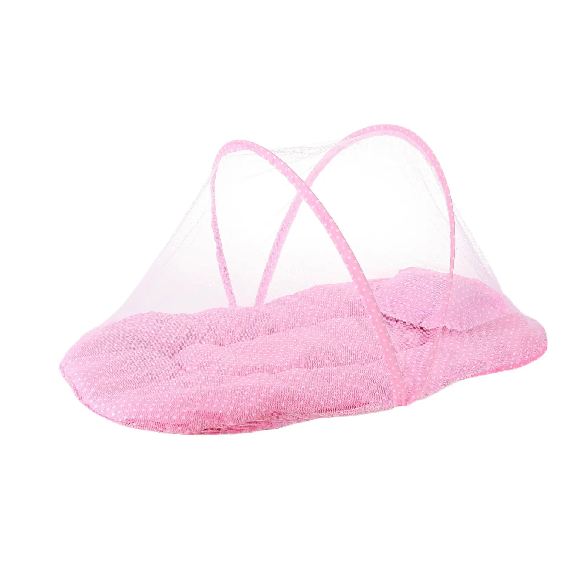 Pink Polka Dots Portable 3-in-1 Mosquito Net Set with Soft Sleep Pad & Pillow - Foldable Pop-Up Travel Bassinet for Infants, Breathable Shield for Indoor & Outdoor Use Wholesale Hub