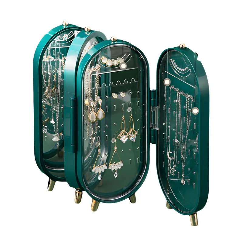Green 4-Layer Retractable Screen-Style Jewelry Display Stand With Mirror Zone - Dust-Proof Necklace & Earring Organizer Case for Vanity Wholesale Hub