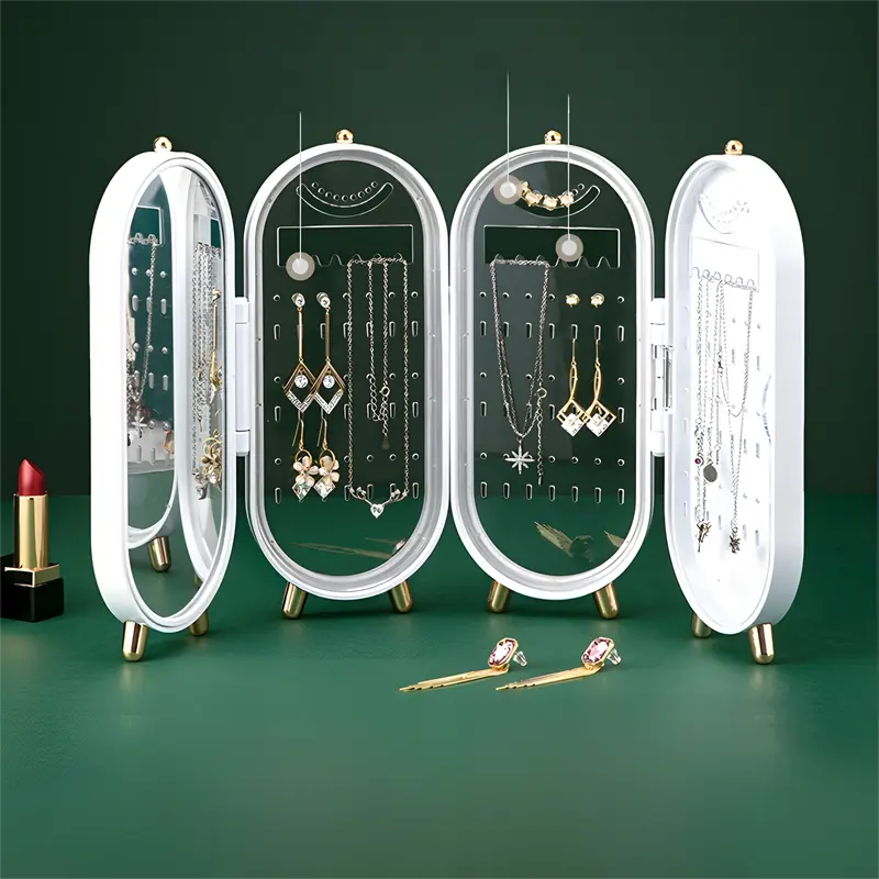 White 4-Layer Retractable Screen-Style Jewelry Display Stand With Mirror Zone - Dust-Proof Necklace & Earring Organizer Case for Vanity Wholesale Hub