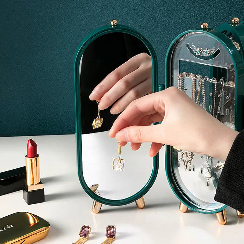 White 4-Layer Retractable Screen-Style Jewelry Display Stand With Mirror Zone - Dust-Proof Necklace & Earring Organizer Case for Vanity Wholesale Hub