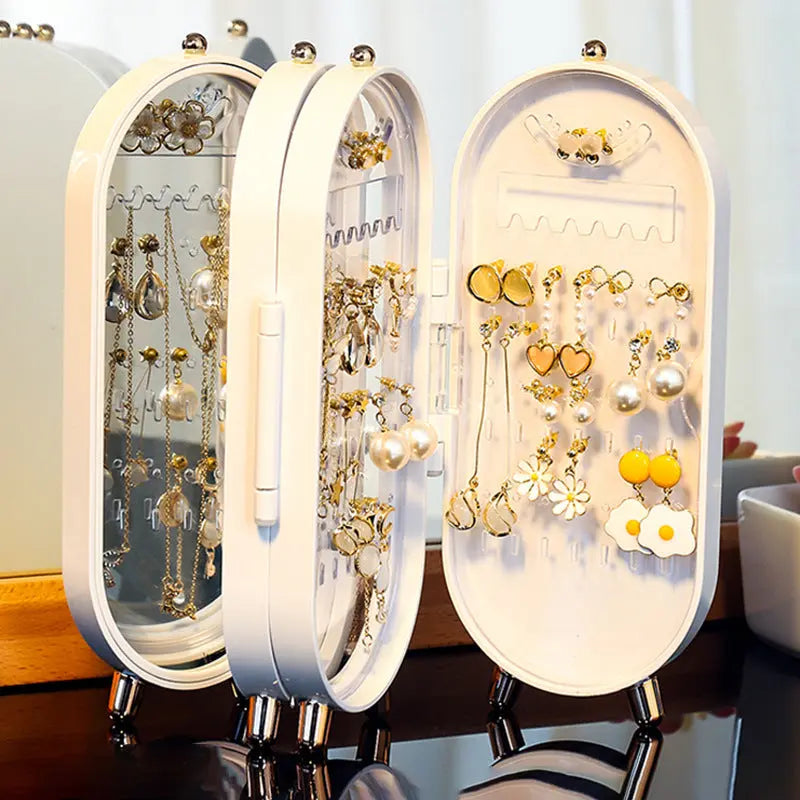 White 4-Layer Retractable Screen-Style Jewelry Display Stand With Mirror Zone - Dust-Proof Necklace & Earring Organizer Case for Vanity Wholesale Hub