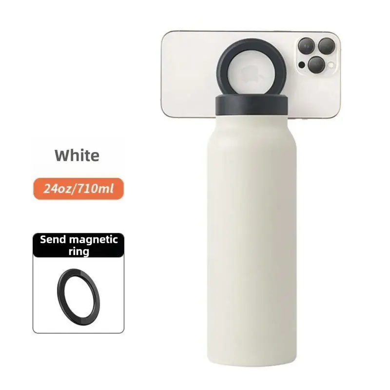 White 24oz Stainless Steel Insulated Water Bottle With 90° Adjustable Vertical/Horizontal Magnetic Phone Holder - Ringo Style Magnetic Lid Sport Flask Wholesale Hub