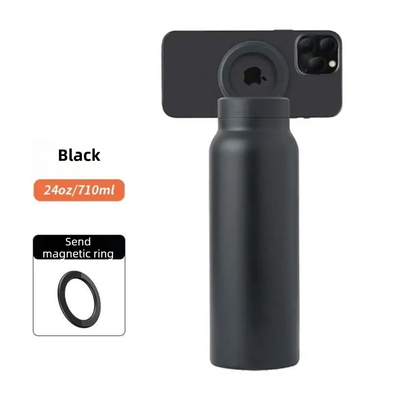 Black 24oz Stainless Steel Insulated Water Bottle With 90° Adjustable Vertical/Horizontal Magnetic Phone Holder - Ringo Style Magnetic Lid Sport Flask Wholesale Hub