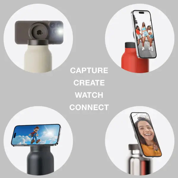 Black 24oz Stainless Steel Insulated Water Bottle With 90° Adjustable Vertical/Horizontal Magnetic Phone Holder - Ringo Style Magnetic Lid Sport Flask Wholesale Hub