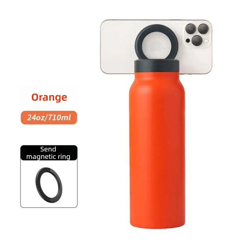 Orange 24oz Stainless Steel Insulated Water Bottle With 90° Adjustable Vertical/Horizontal Magnetic Phone Holder - Ringo Style Magnetic Lid Sport Flask Wholesale Hub