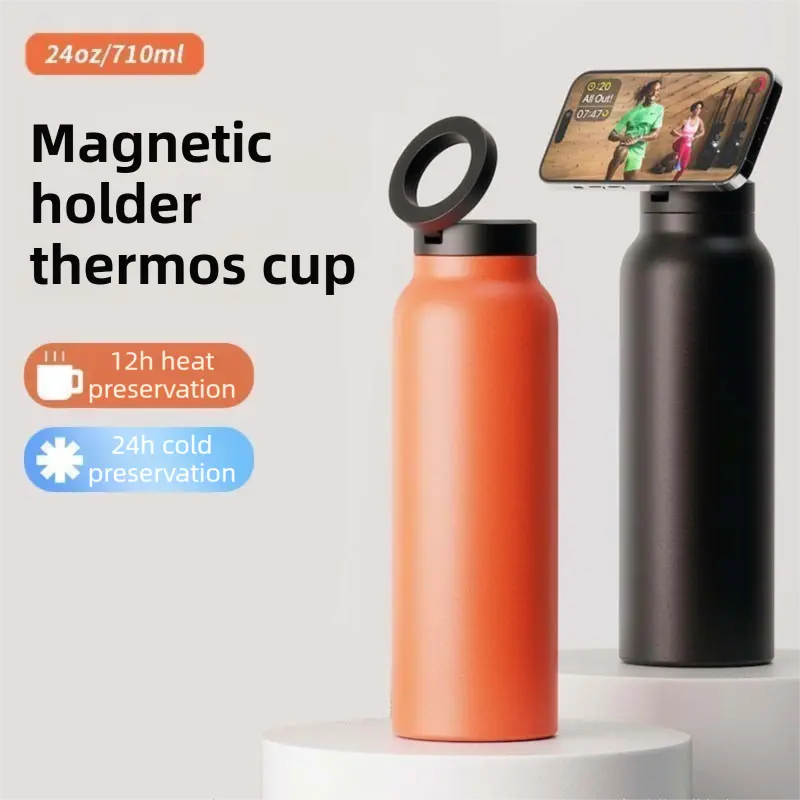 Orange 24oz Stainless Steel Insulated Water Bottle With 90° Adjustable Vertical/Horizontal Magnetic Phone Holder - Ringo Style Magnetic Lid Sport Flask Wholesale Hub