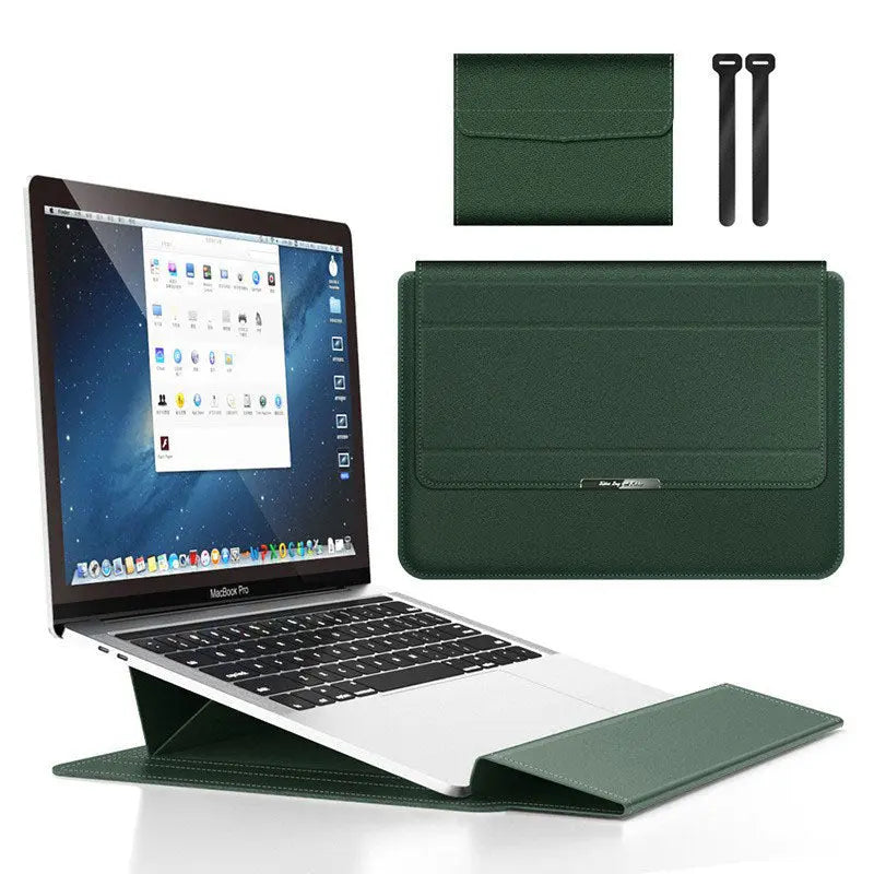 Dark green 3-in-1 Laptop Sleeve with Built-In Stand & Wrist Rest – Waterproof PU Protective Case for 13/14 Inch Laptops, Portable and Ergonomic Design Wholesale Hub