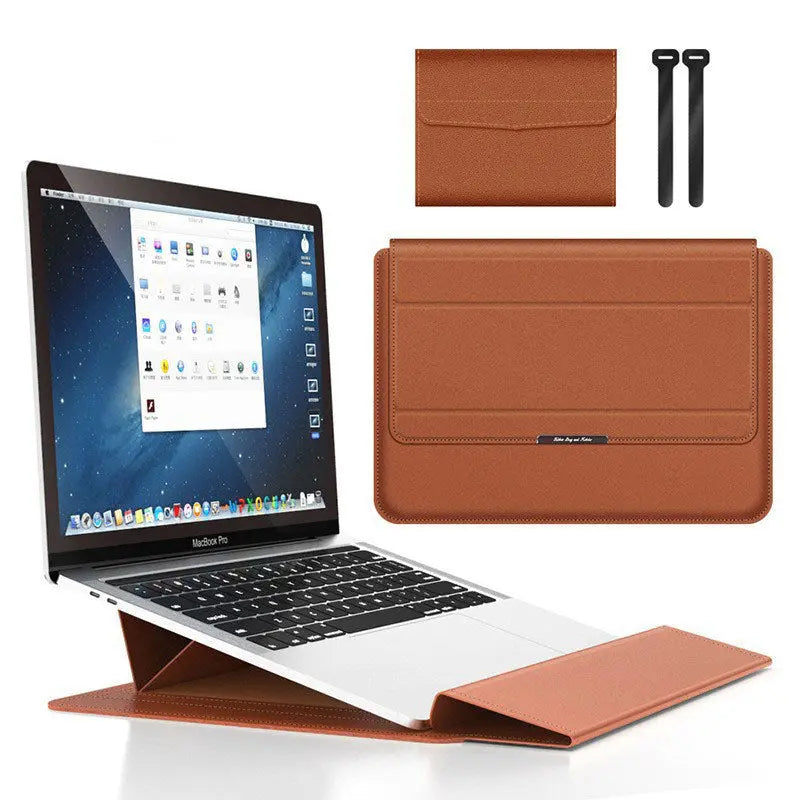 Brown 3-in-1 Laptop Sleeve with Built-In Stand & Wrist Rest – Waterproof PU Protective Case for 15/16 Inch Laptops, Portable and Ergonomic Design Wholesale Hub