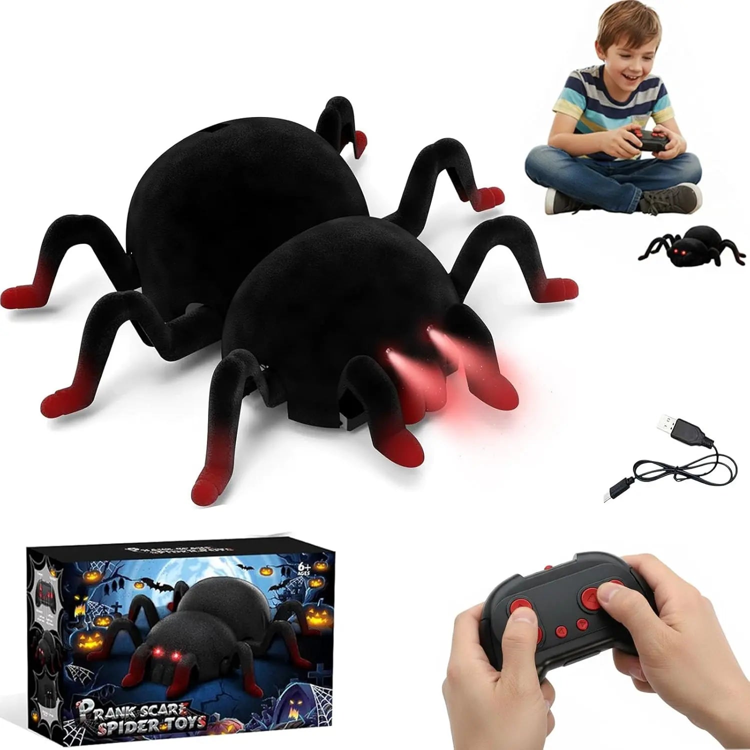 RC Wall Climbing Spider Toy Realistic Fuzzy Tarantula Anti-Gravity Remote Control Prank Bug with LED Eyes Rechargeable Gift for Kids Wholesale Hub