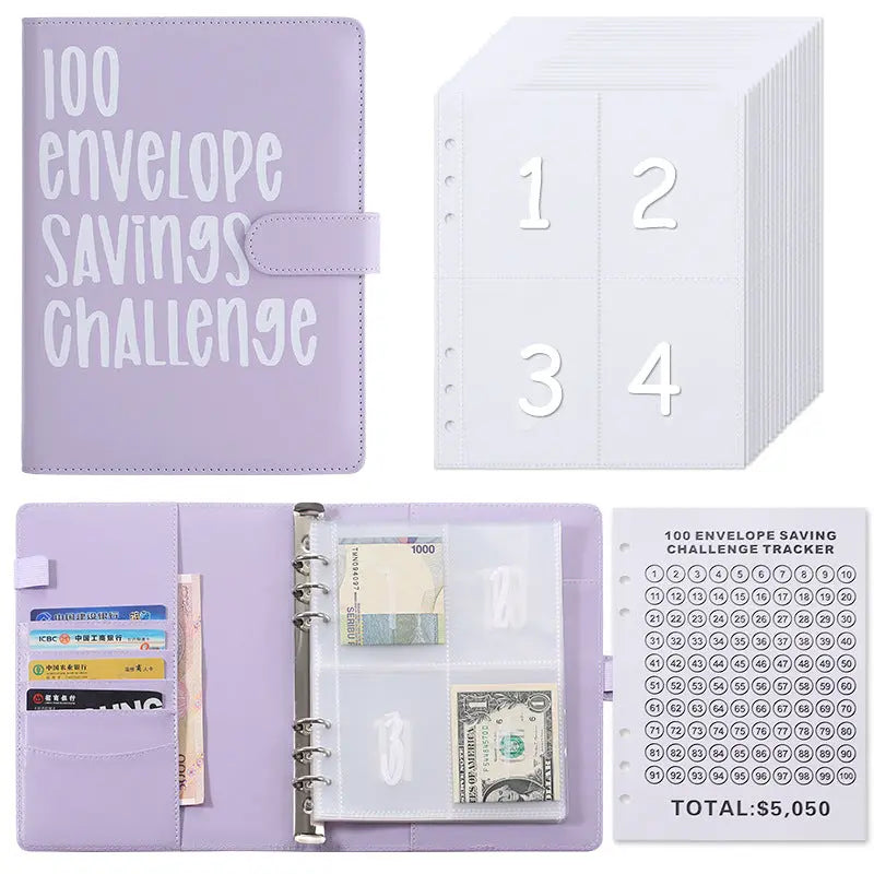 100 Envelope Savings Challenge Binder A5 Budget Planner Book PU Leather Cash Stuffing Money Organiser with Magnetic Closure & Tracker (Purple) Wholesale Hub