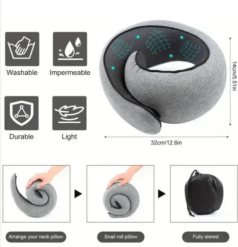 Memory Foam Travel Neck Pillow 360 Support Adjustable Snail Shape Chin Rest for Long Haul Flights Car & Office Portable with Storage Bag (Grey) Wholesale Hub
