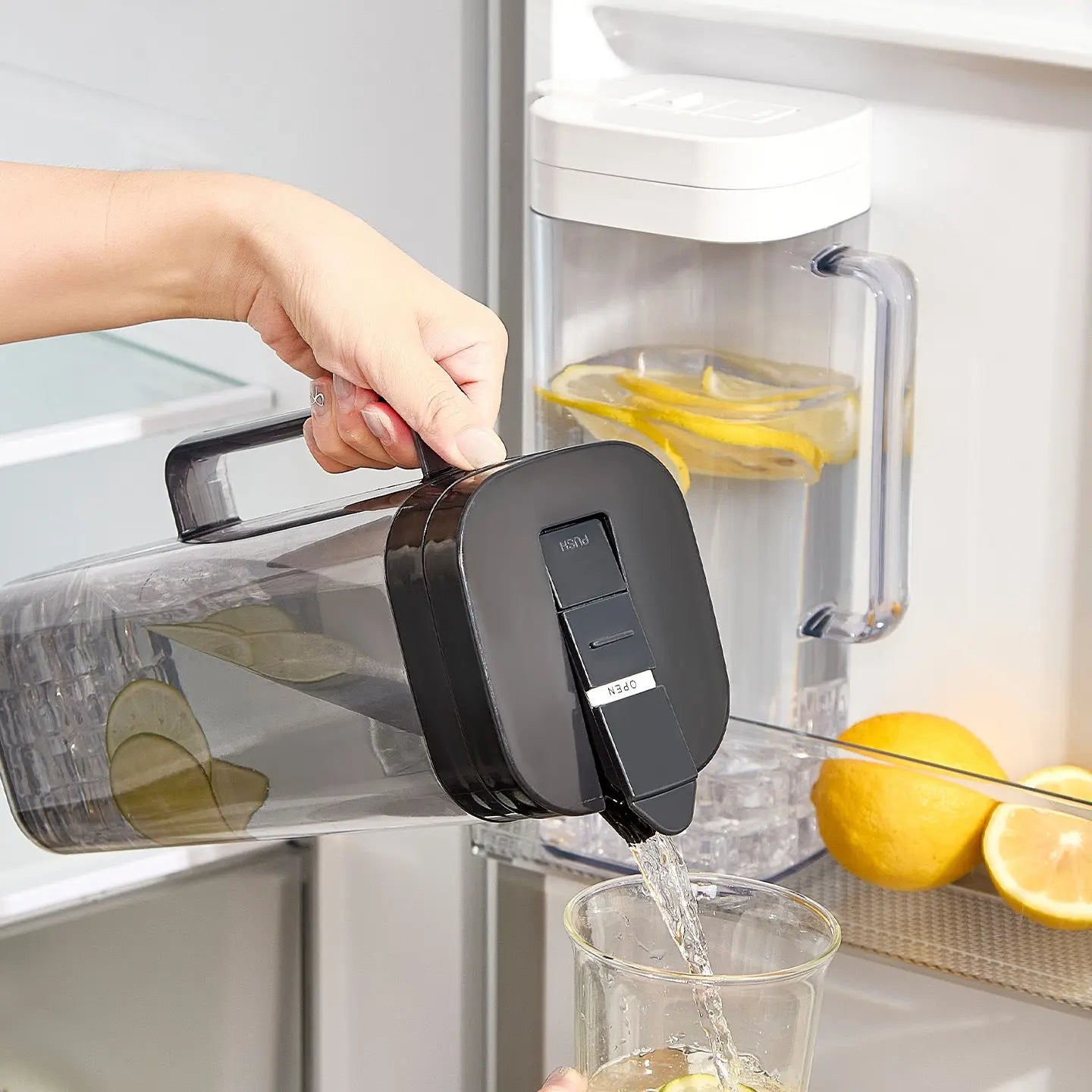 Black 2000ML Leak-Proof Flip-Top Cool Water Pitcher for Refrige Door - Cold/Heat-Resistant Stylish Iced Tea Fruit Infuser Kettle Wholesale Hub