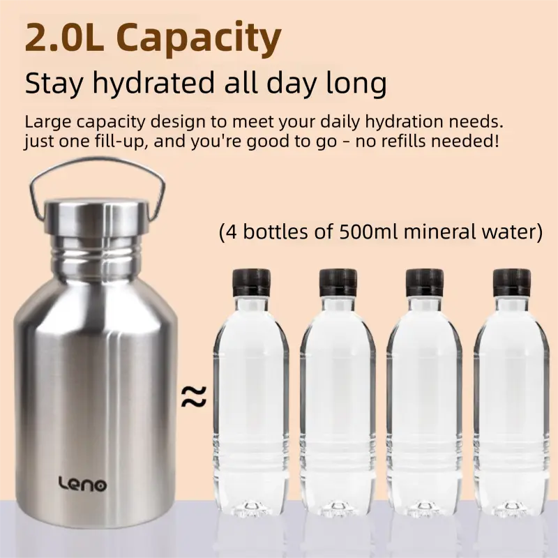 2L Large Capacity Outdoor Sports Adventure Water Bottle - Food-Grade 304 Stainless Steel with Portable Handle & 7cm Wide Mouth Wholesale Hub