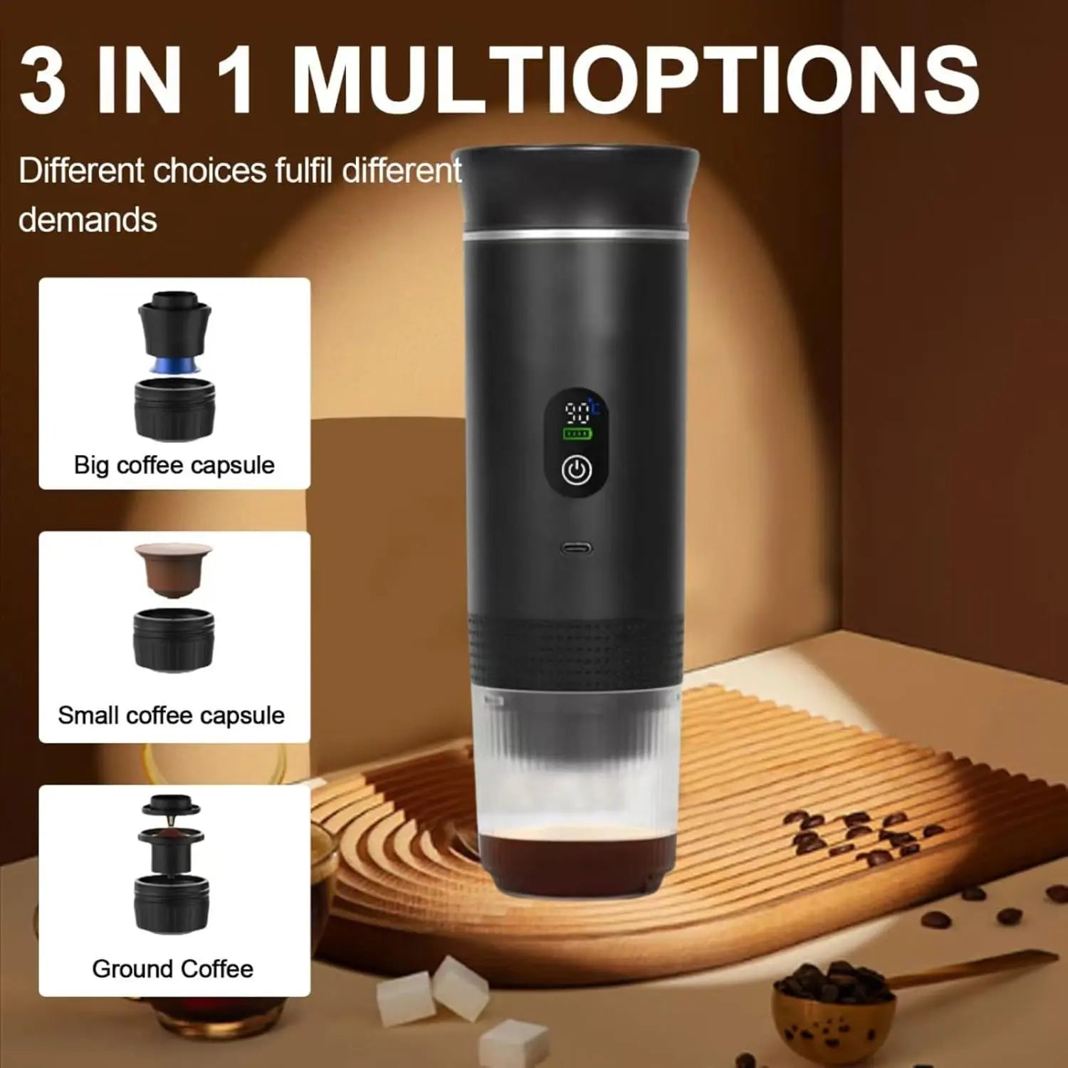 Black 3-in-1 Portable Espresso Maker with Self-Heating and One-Touch Cold Hot Brew - Smart Digital Display & 20Bar High Pressure for Rich Crema Wholesale Hub