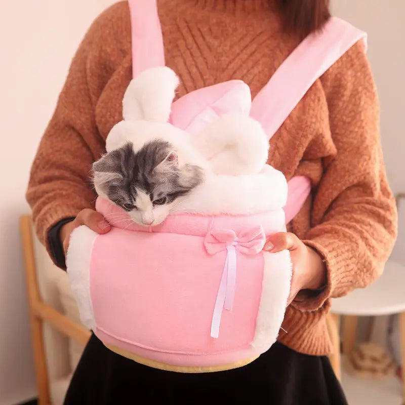 Pink 2-in-1 Ultra-Soft Plush Pet Carrier & Mobile Bed - Portable & Lightweight Cute Rabbit Ear Design Travel Cabin (XL 38 x 25 x 30CM) Wholesale Hub