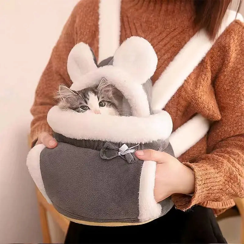 Grey 2-in-1 Ultra-Soft Plush Pet Carrier & Mobile Bed - Portable & Lightweight Cute Rabbit Ear Design Travel Cabin (L 33 x 25 x 27CM) Wholesale Hub