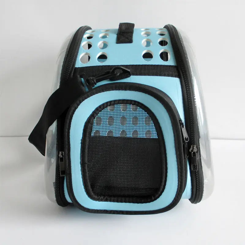 Blue Foldable Breathable Pet Carrier with Panoramic Window & Strap - EVA & Lychee Leather Crossbody Travel Bag (L 42 x 33 x 28.5CM) Wholesale Hub