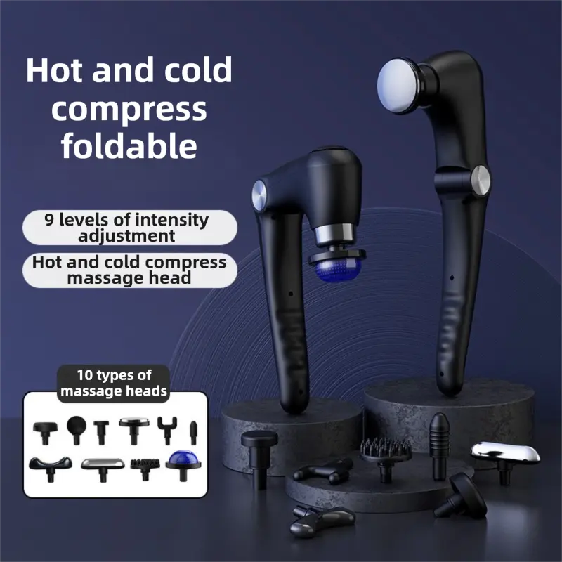 Black-Rosegold Foldable Percussion Massage Gun with Hot Cold Compress & 10 Heads - 9 Speed Levels and High Frequency Vibration Full Body Muscle Relaxer Wholesale Hub