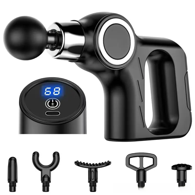 Black Portable Mini Triangle Massage Gun with 6 Heads & 6 Speed Setting - High Frequency Muscle Stimulator for Professional Fitness (LCD Model) Wholesale Hub