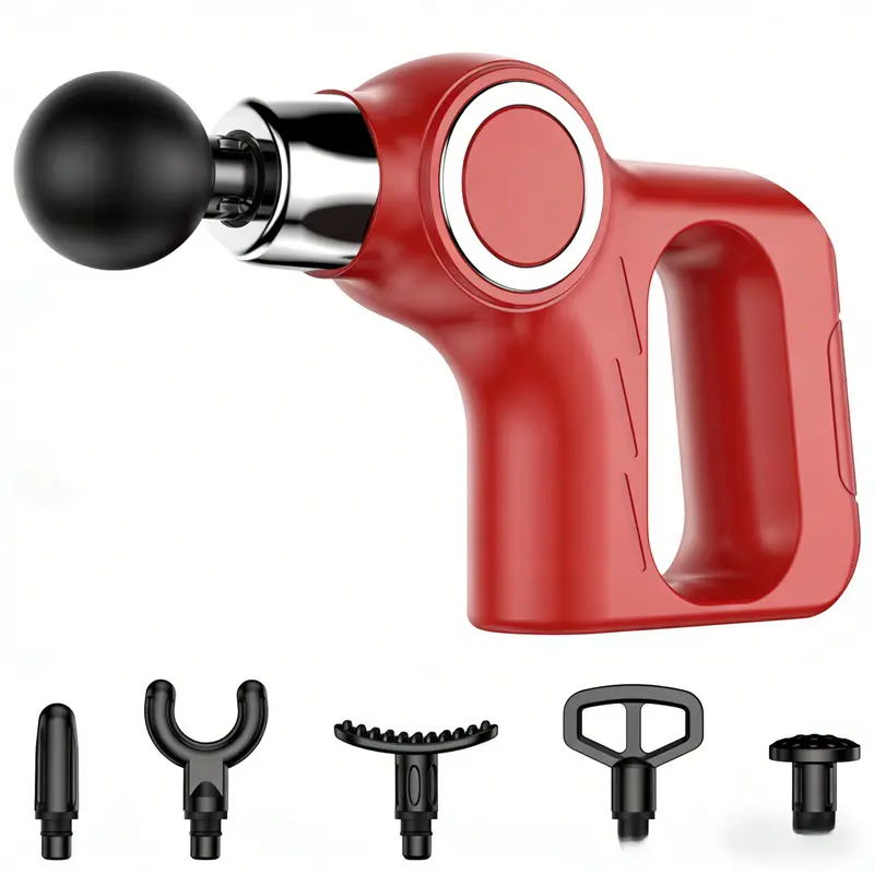 Red Portable Mini Triangle Massage Gun with 6 Heads & 6 Speed Setting - High Frequency Muscle Stimulator for Professional Fitness (LCD Model) Wholesale Hub