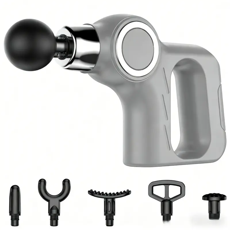 Grey Portable Mini Triangle Massage Gun with 6 Heads & 6 Speed Setting - High Frequency Muscle Stimulator for Professional Fitness (Button Model) Wholesale Hub