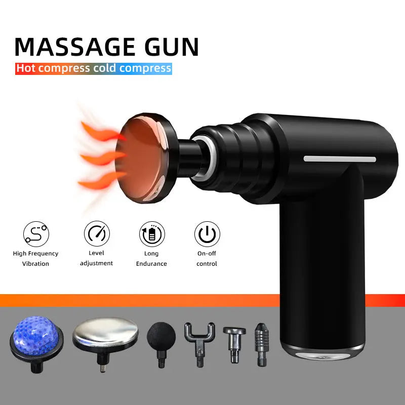 Black Lightweight Mini Hot Cold Massage Gun with 6 Heads - 6 Intensity Dual Thermal Therapy Muscle Reliever for Portable Body Recovery Wholesale Hub