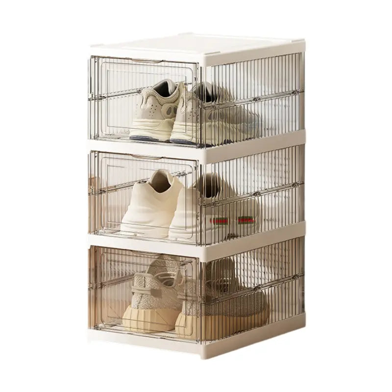 Transparent 3-Layer Foldable Shoe Storage Tower with Transparent Display Panel & Back Ventilation - One-Pull Instant Setup Stackable Box (25.5x34.5x52.5CM) Wholesale Hub