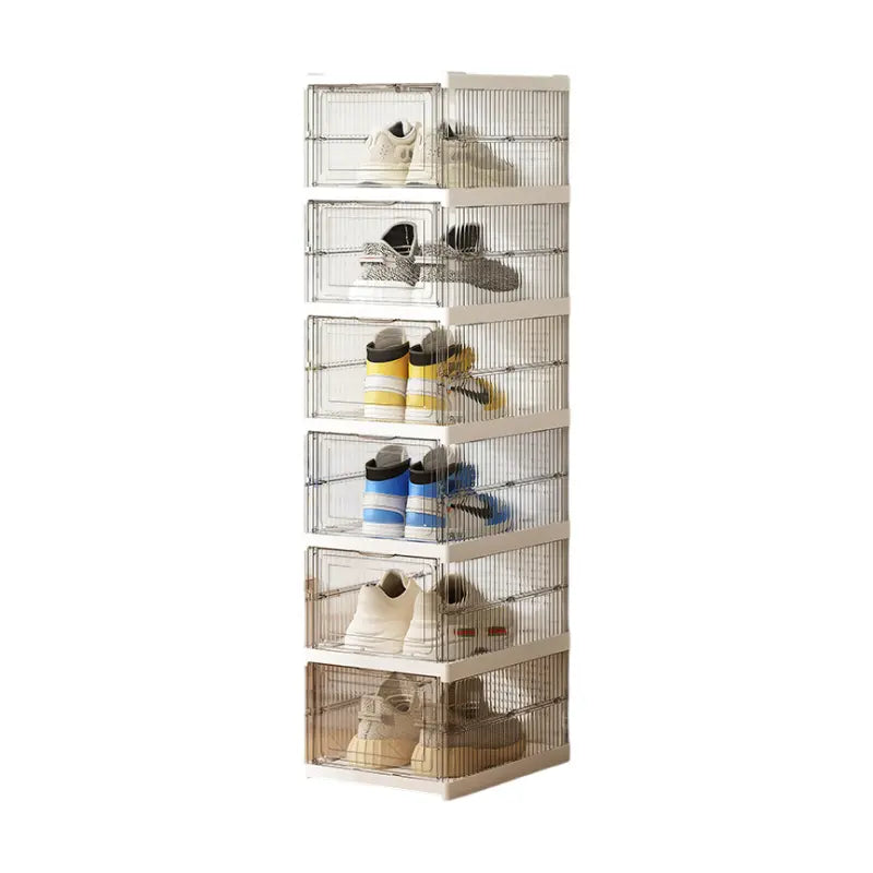 Transparent 6-Layer Foldable Shoe Storage Tower with Transparent Display Panel & Back Ventilation - One-Pull Instant Setup Stackable Box (25.5x34.5x105CM) Wholesale Hub