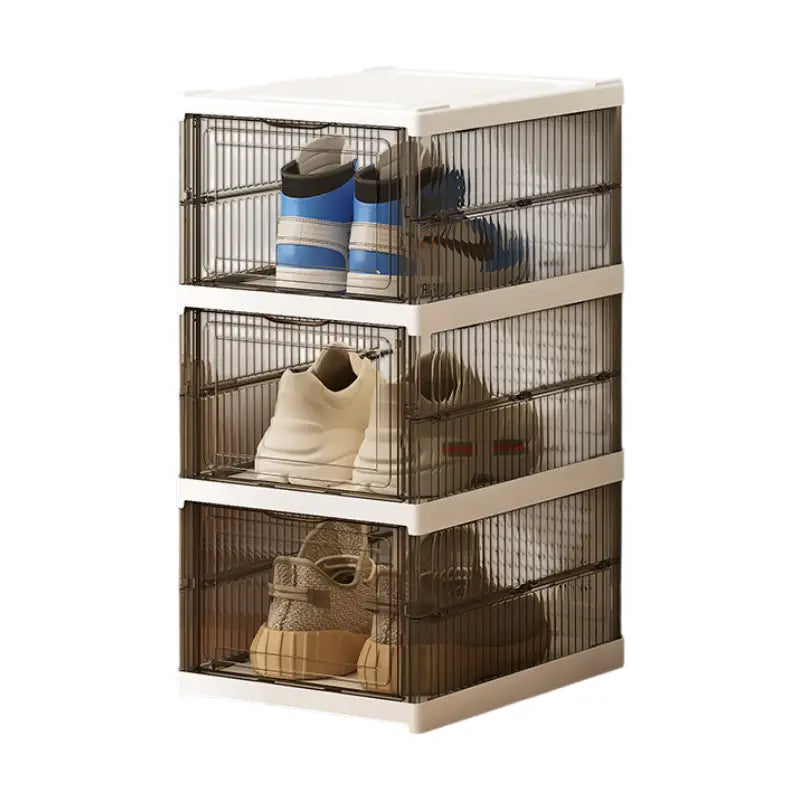 Transparent Grey 3-Layer Foldable Shoe Storage Tower with Transparent Display Panel & Back Ventilation - One-Pull Instant Setup Stackable Box (25.5x34.5x52.5CM) Wholesale Hub