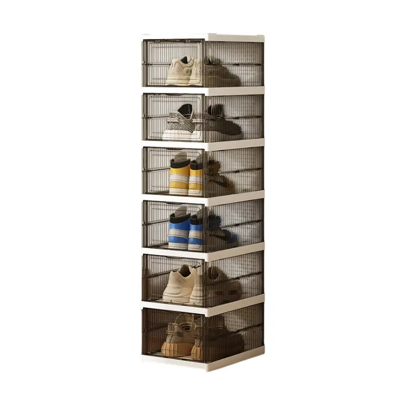 Transparent Grey 6-Layer Foldable Shoe Storage Tower with Transparent Display Panel & Back Ventilation - One-Pull Instant Setup Stackable Box (25.5x34.5x105CM) Wholesale Hub