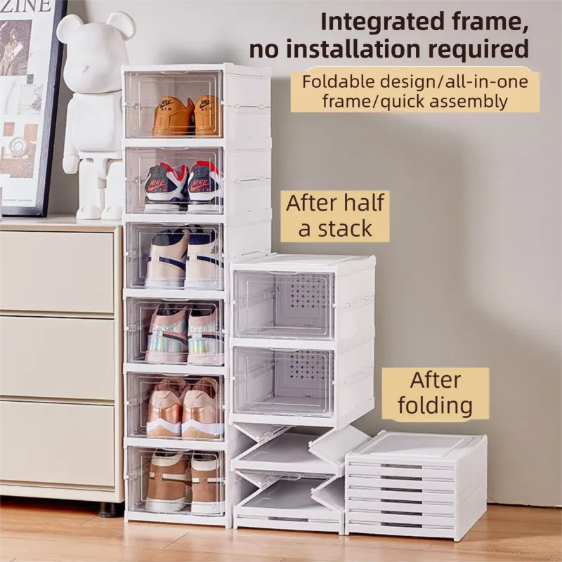 Transparent Grey 6-Layer Foldable Shoe Storage Tower with Transparent Display Panel & Back Ventilation - One-Pull Instant Setup Stackable Box (25.5x34.5x105CM) Wholesale Hub