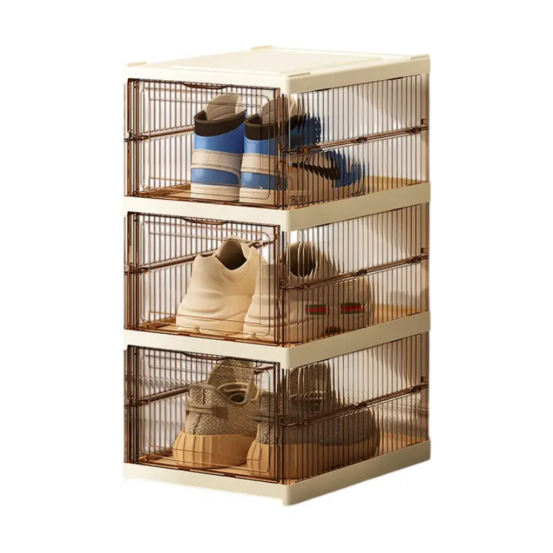 Transparent Brown 3-Layer Foldable Shoe Storage Tower with Transparent Display Panel & Back Ventilation - One-Pull Instant Setup Stackable Box (25.5x34.5x52.5CM) Wholesale Hub