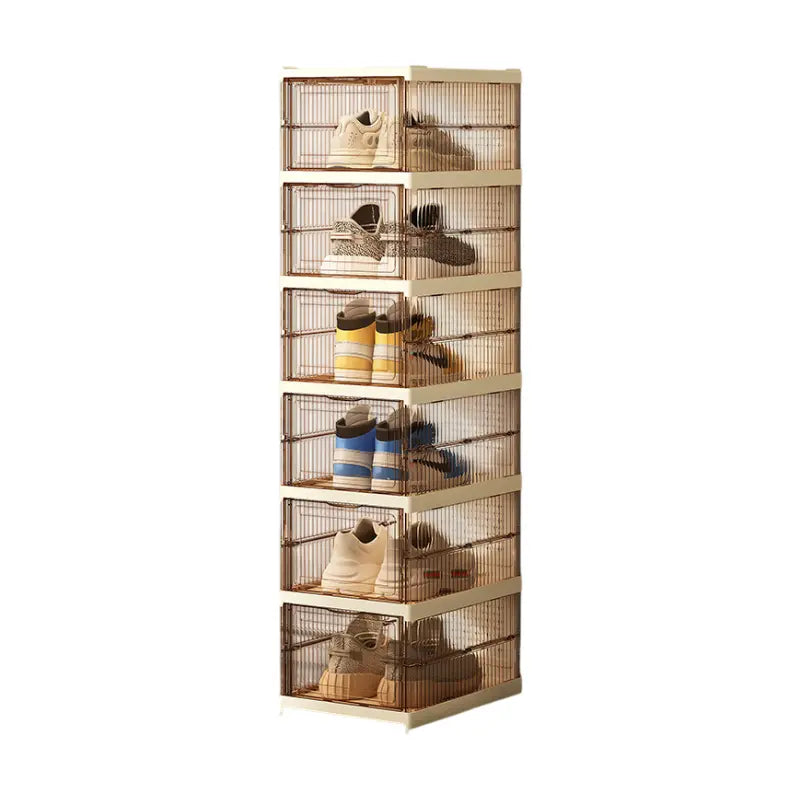 Transparent Brown 6-Layer Foldable Shoe Storage Tower with Transparent Display Panel & Back Ventilation - One-Pull Instant Setup Stackable Box (25.5x34.5x105CM) Wholesale Hub