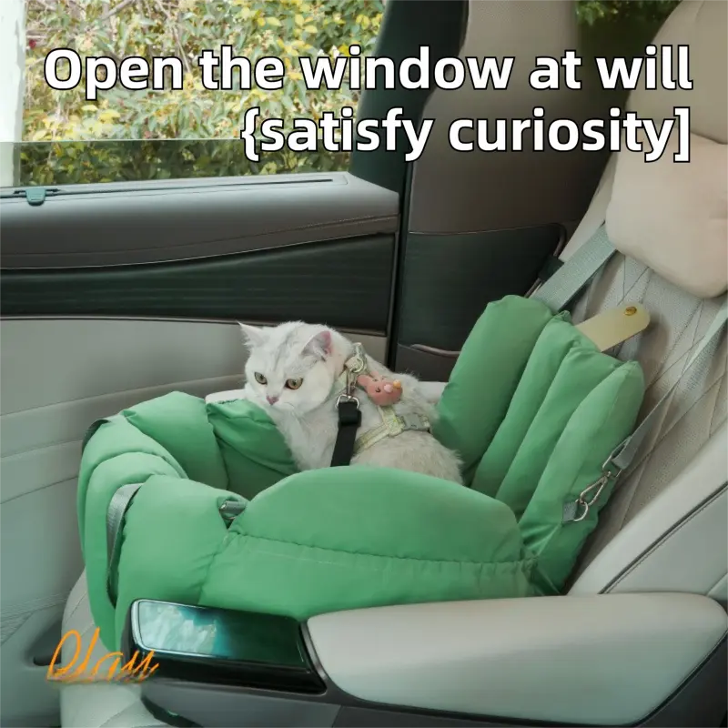 Green 2-in-1 Fluffy Travel Cat Bed & Car Safety Seat - Enclosed Windproof Pet Carrier with Reversible Summer/Winter Cushion, Reinforced Handle and Escape-Proof Leash Wholesale Hub