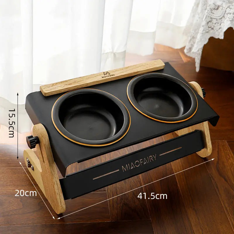 Black Elevated Adjustable (9-14CM) Double Ceramic Bowls Pet Diner - Ergonomic 270° Tilt Controlled Tip-Proof Stable Iron Base Wholesale Hub