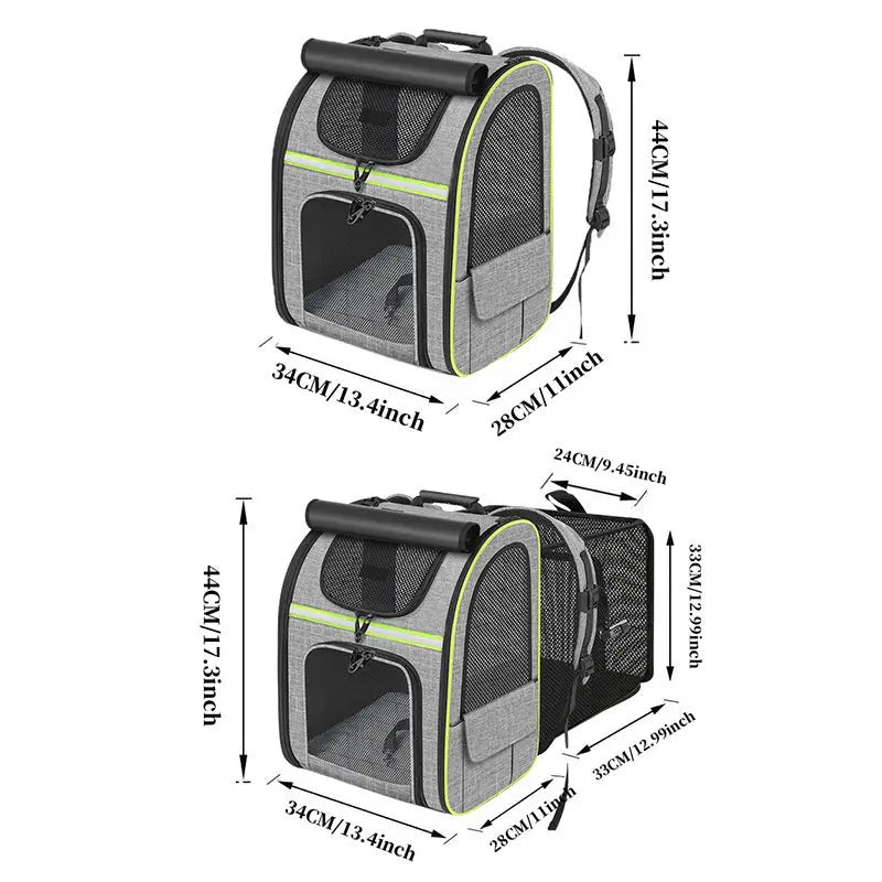 Grey and Green Large Expandable Cat Travel Backpack - Breathable & Collapsible Pet Carrier 62x34x43CM Wholesale Hub