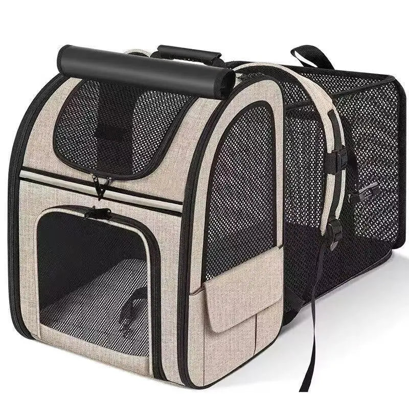 Khaki Large Expandable Cat Travel Backpack - Breathable & Collapsible Pet Carrier 62x34x43CM Wholesale Hub