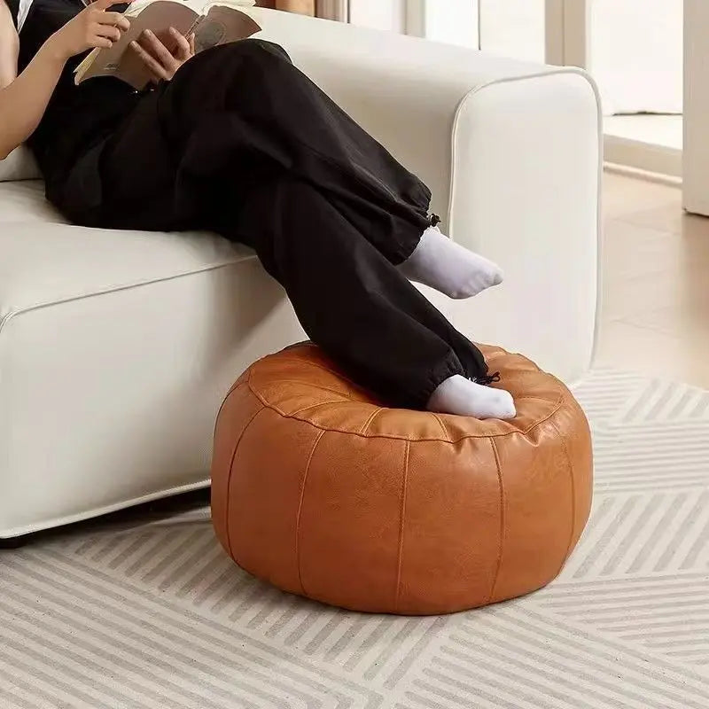 Orange Faux Leather Pumpkin Pouf Cover - DIY Unfilled Round Ottoman for Clothes Storage and Footrest - 50x30cm Versatile Home Decor Wholesale Hub