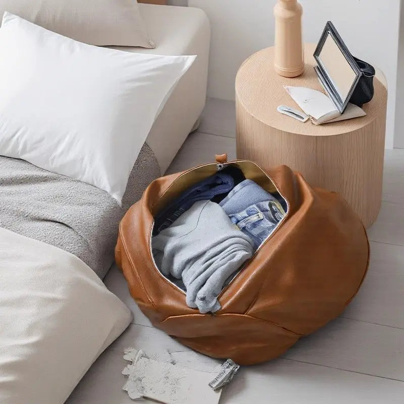 Orange Faux Leather Pumpkin Pouf Cover - DIY Unfilled Round Ottoman for Clothes Storage and Footrest - 50x30cm Versatile Home Decor Wholesale Hub