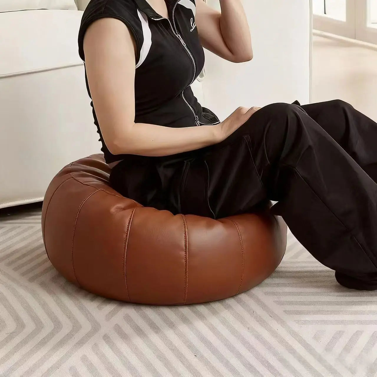 Brown Faux Leather Pumpkin Pouf Cover - DIY Unfilled Round Ottoman for Clothes Storage and Footrest - 50x30cm Versatile Home Decor Wholesale Hub