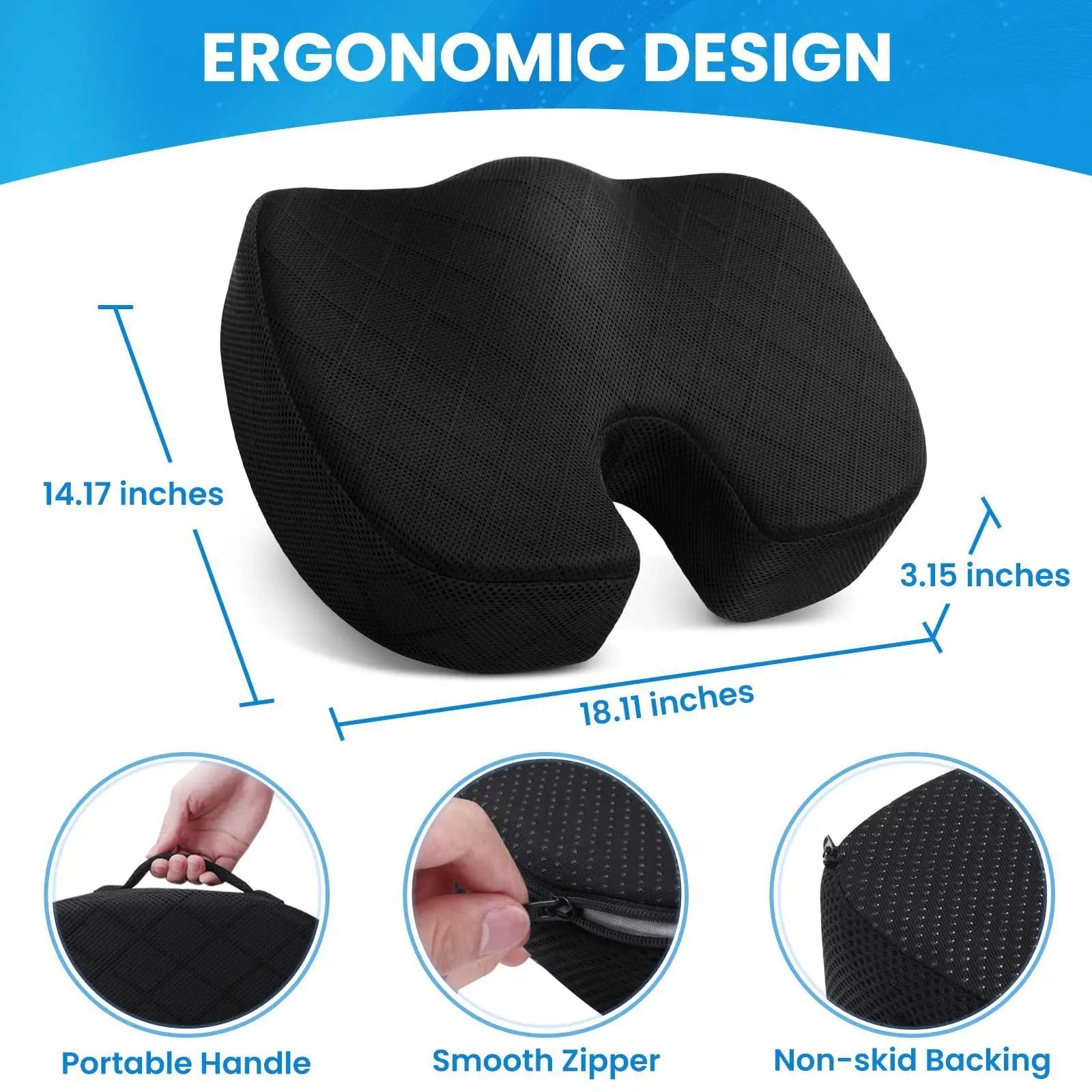 Black Memory Foam Seat Cushion – Ergonomic Support for Office, Car, Wheelchair, and Home Use Wholesale Hub