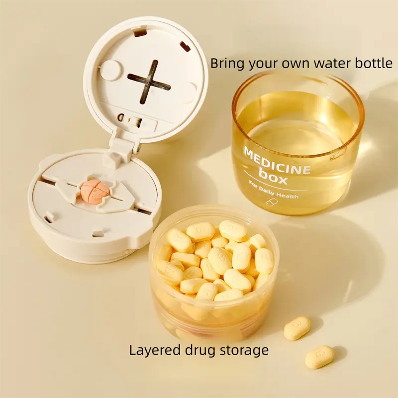 Beige 3-in-1 Pill Cutter, Crusher & Organizer Box with Built-in Water Cup - Portable Medicine Storage Container with Precision Quarter/Half Splitter Wholesale Hub