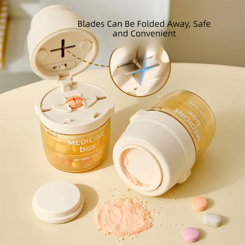 Beige 3-in-1 Pill Cutter, Crusher & Organizer Box with Built-in Water Cup - Portable Medicine Storage Container with Precision Quarter/Half Splitter Wholesale Hub