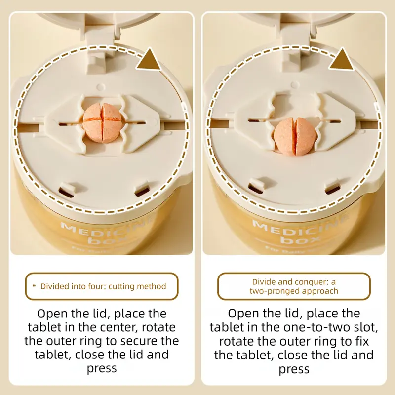 Beige 3-in-1 Pill Cutter, Crusher & Organizer Box with Built-in Water Cup - Portable Medicine Storage Container with Precision Quarter/Half Splitter Wholesale Hub
