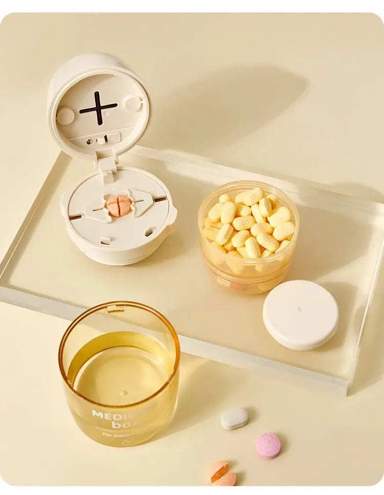 Beige 3-in-1 Pill Cutter, Crusher & Organizer Box with Built-in Water Cup - Portable Medicine Storage Container with Precision Quarter/Half Splitter Wholesale Hub