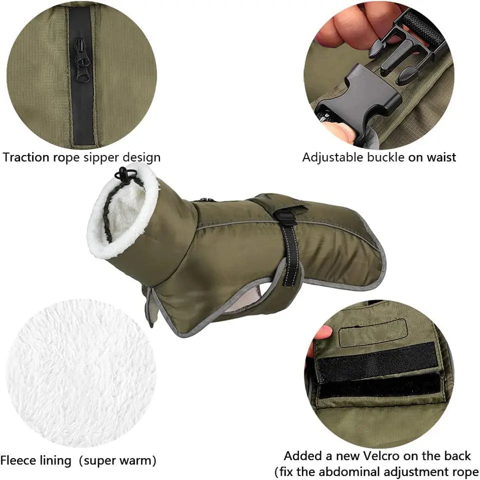 Green Dog Winter Jacket – Warm, Windproof & Waterproof Pet Coat with Fleece Lining and Reflective Strips for Cold Weather(Size: 2XL) Wholesale Hub