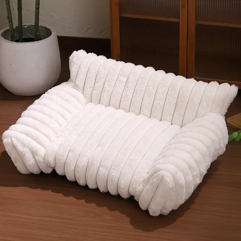 White Plush Ribbed Pet Sofa Bed for Dogs and Cats - Thickened Milk Velvet Cushion, Large Comfy Dog Sofa(50*40*20cm) Wholesale Hub
