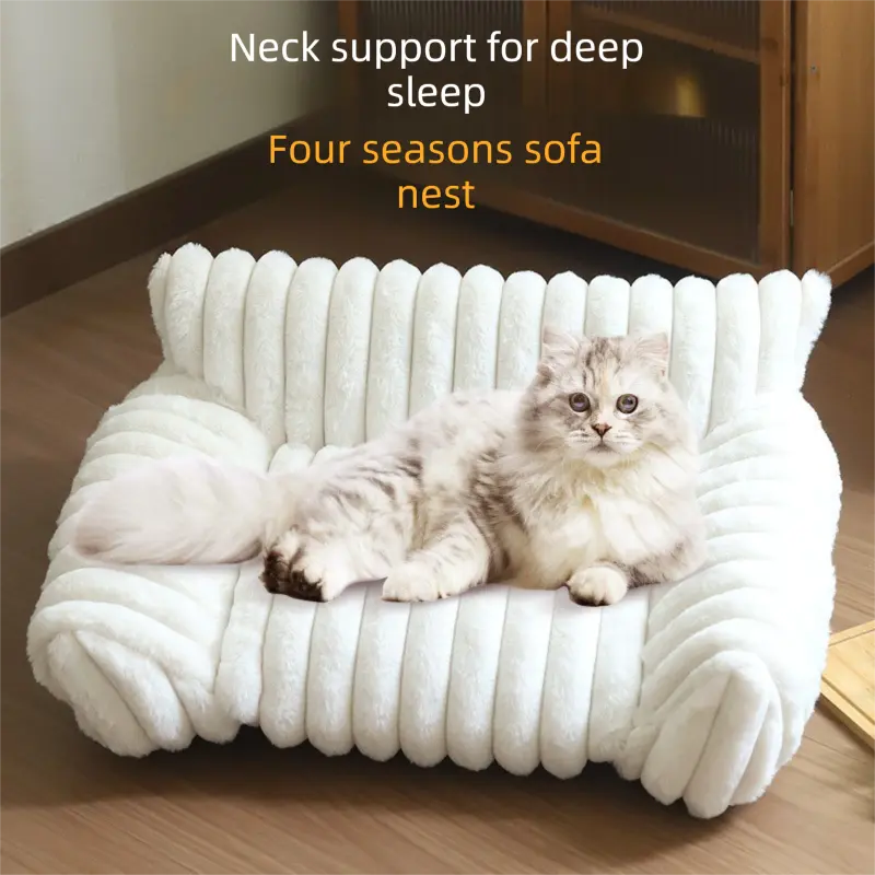 White Plush Ribbed Pet Sofa Bed for Dogs and Cats - Thickened Milk Velvet Cushion, Large Comfy Dog Sofa(50*40*20cm) Wholesale Hub