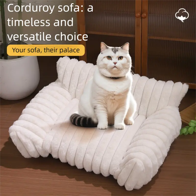White Plush Ribbed Pet Sofa Bed for Dogs and Cats - Thickened Milk Velvet Cushion, Large Comfy Dog Sofa(50*40*20cm) Wholesale Hub